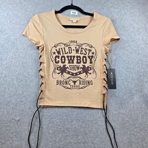 Love Dazed Wild West Cowboy Show Lace Up Side Graphic Tee Tan Womens Medium NWT
